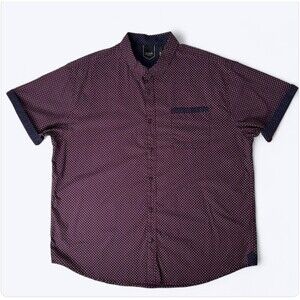 Six Lincoln New York Button Up Shirt Mens Sz 3XL Burgundy Blue Short Sleeve Flip